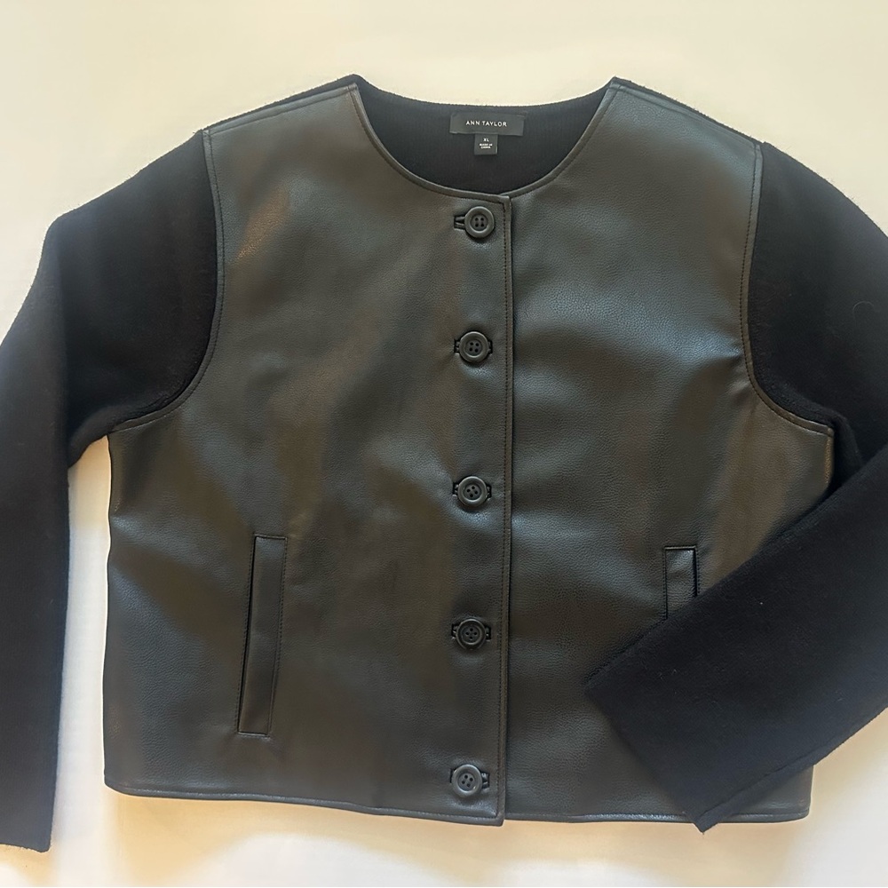 Ann Taylor Faux Leather & Sweater Cropped Jacket